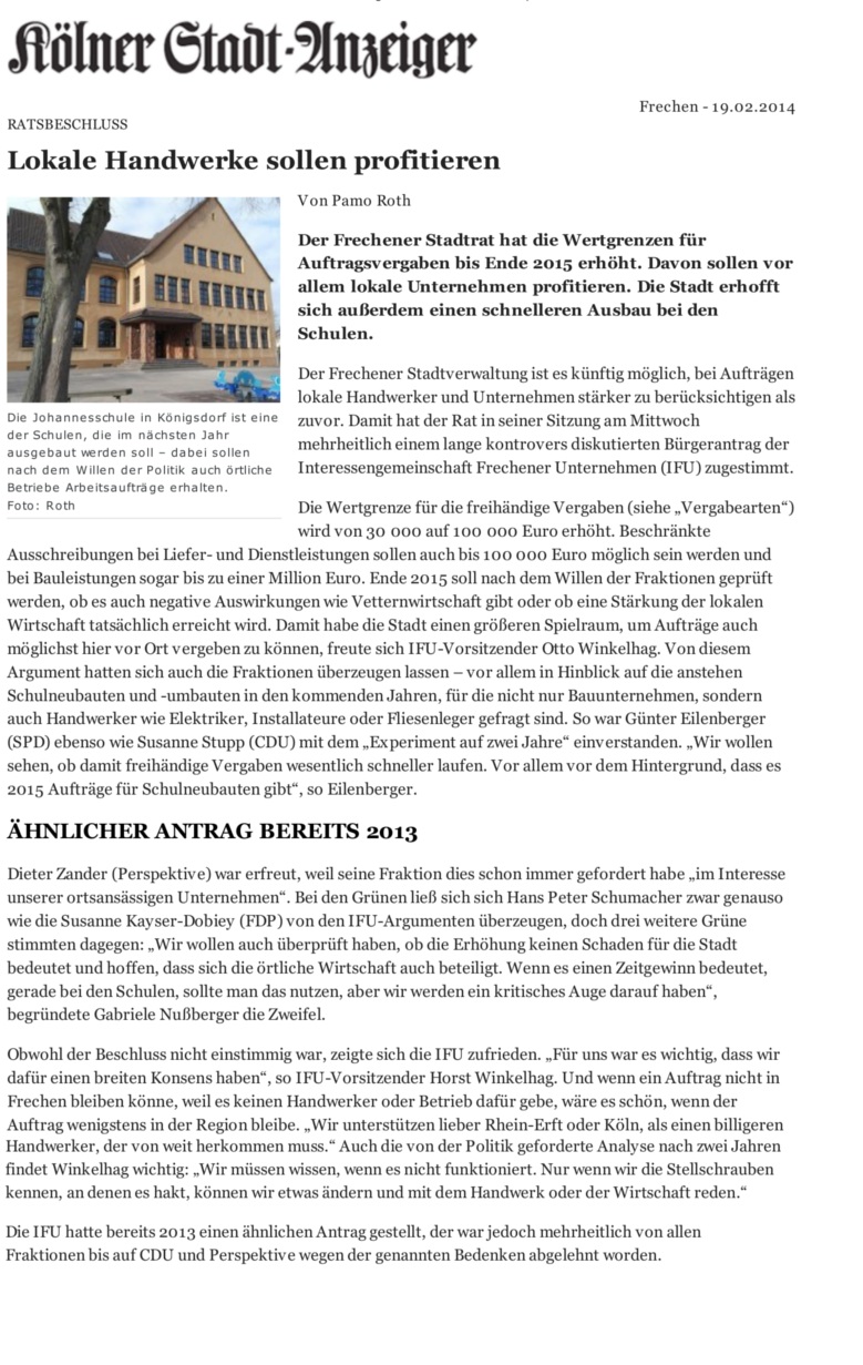 Klner Stadt-Anzeiger- Lokale Handwerke sollen profitieren